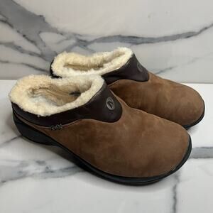 Merrell Women's Brown Leather Faux Fur Encore Slide Sure Grip Nubuck Shoes Sz 7